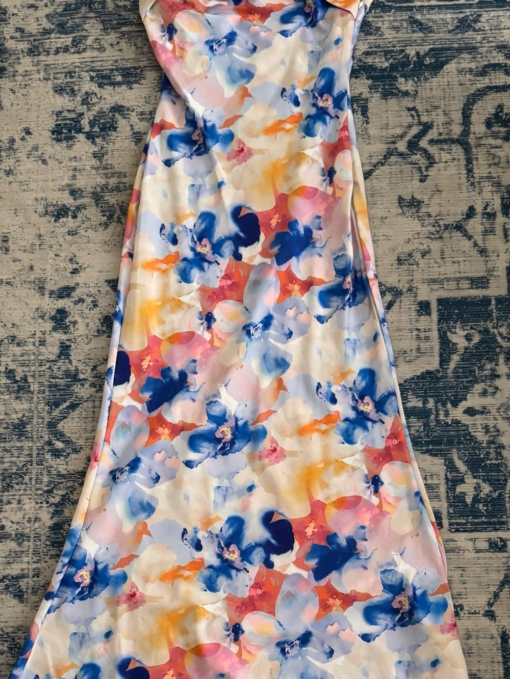 SHEIN Floral A-Line Satin Skirt in Blue, Pink & Yellow